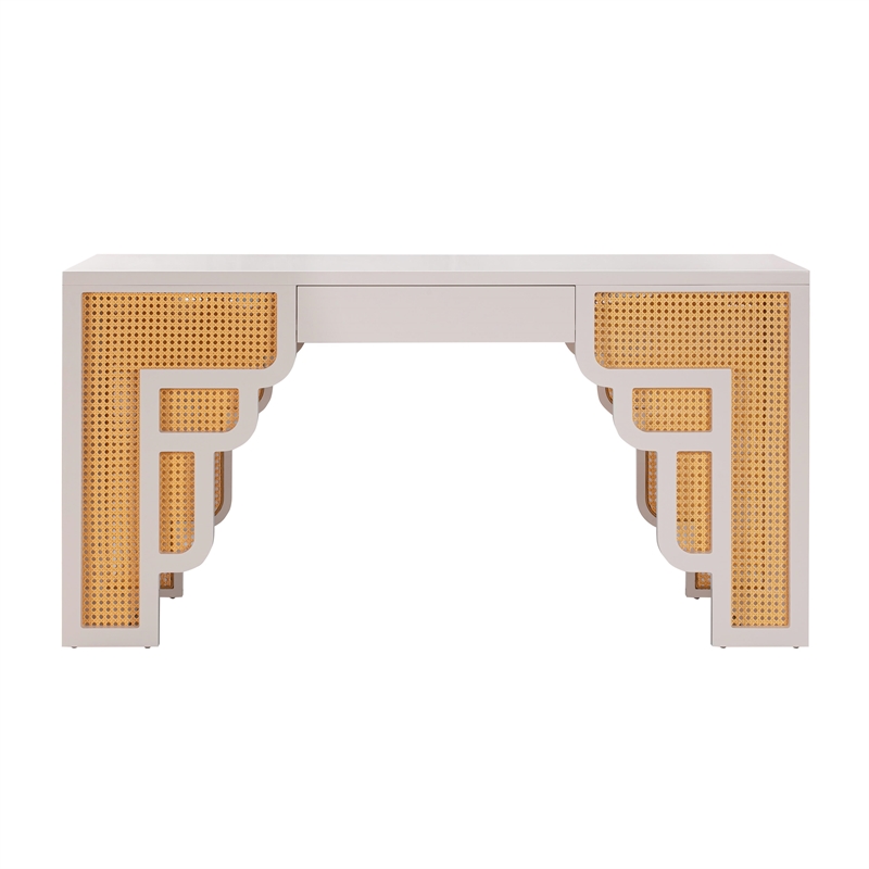 Maklaine Transitional Cream Finish & Woven Rattan Accents Desk