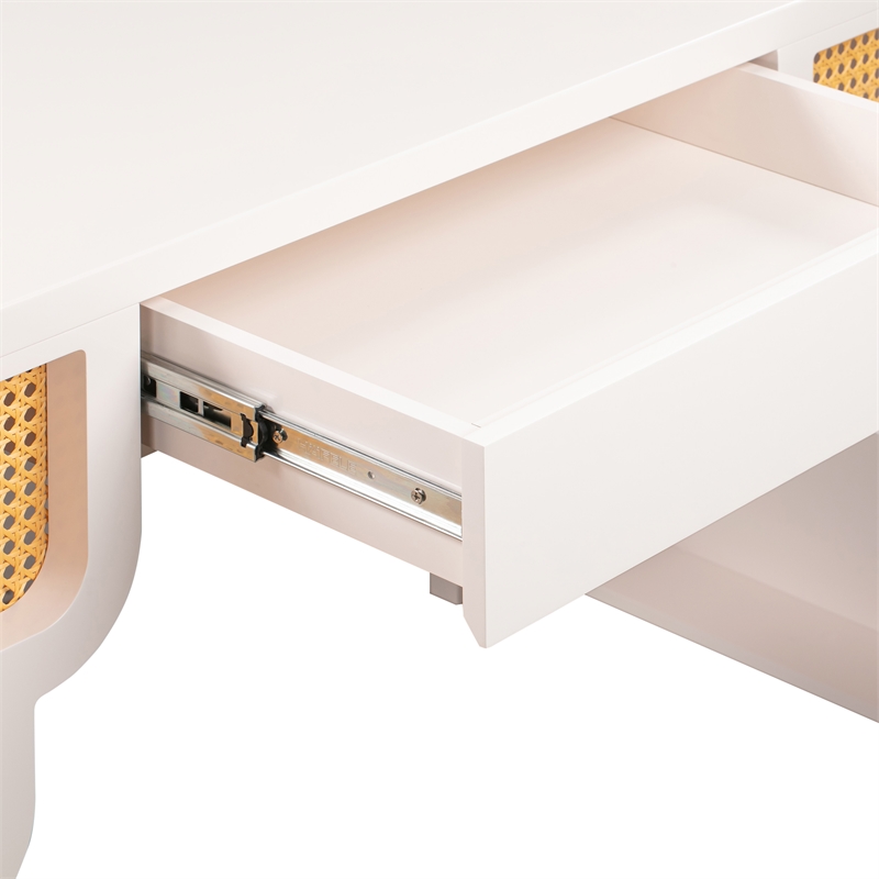 Maklaine Transitional Cream Finish & Woven Rattan Accents Desk
