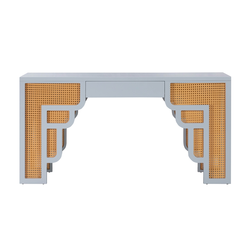 Maklaine Contemporary Pastel Blue & Woven Rattan Accents Desk