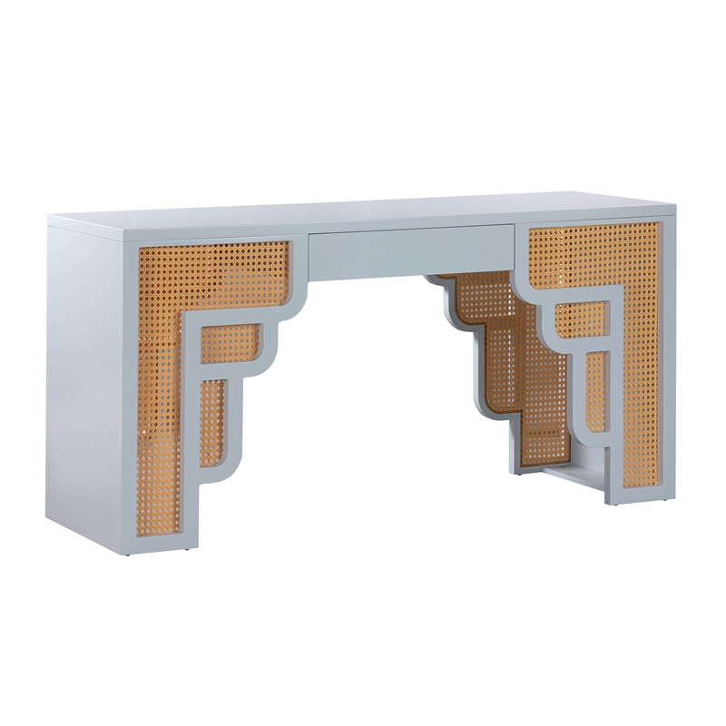 Maklaine Contemporary Pastel Blue & Woven Rattan Accents Desk