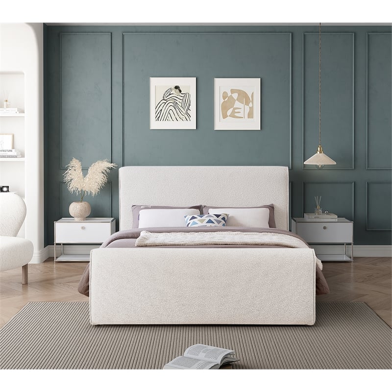 Maklaine Modern / Contemporary Cream Finish Boucle Fabric Full Bed