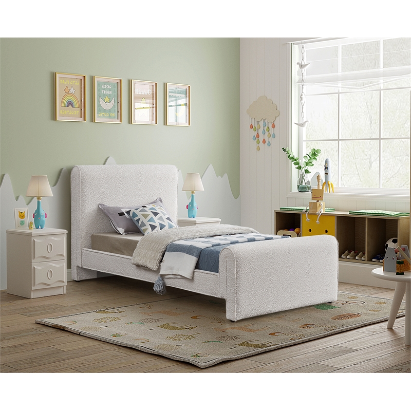 Maklaine Modern / Contemporary Cream Finish Boucle Fabric Twin Bed
