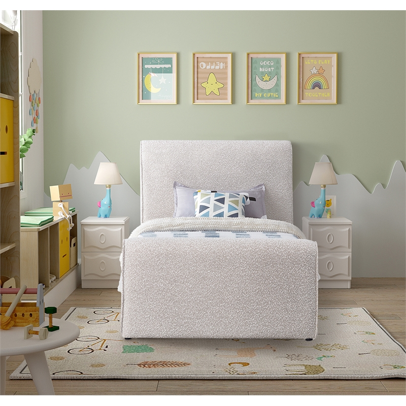 Maklaine Modern / Contemporary Cream Finish Boucle Fabric Twin Bed