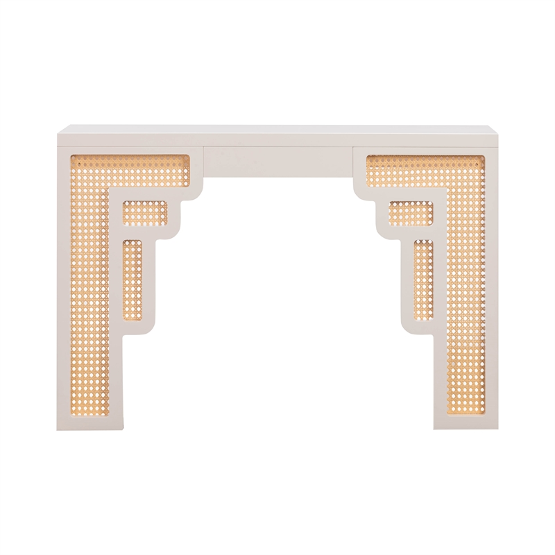 Maklaine MDF Cream Console Table Rectangular Woven Rattan Accents Unassembled