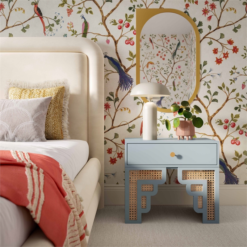 Maklaine Wood Pastel Blue Nightstand Rectangular Soft Close Drawer Assembled