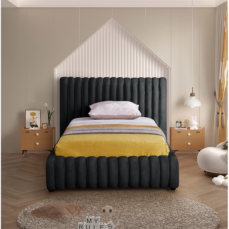 Maklaine Modern / Contemporary Black Finish Fabric Velvet Twin Bed