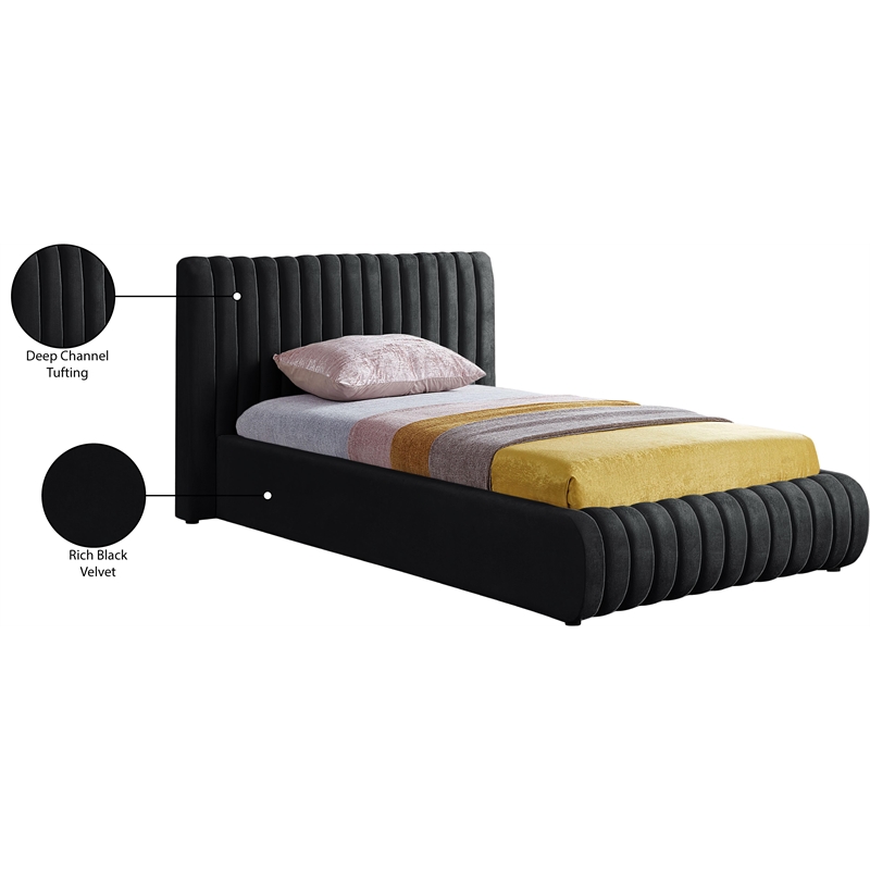 Maklaine Modern / Contemporary Black Finish Fabric Velvet Twin Bed