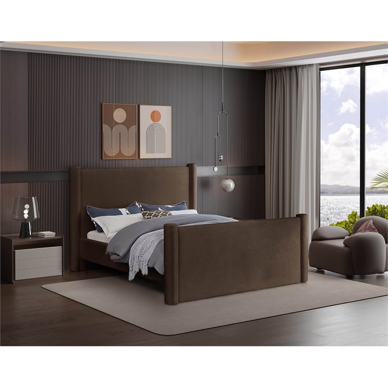 Maklaine Modern / Contemporary Soft Brown Finish Velvet King Bed