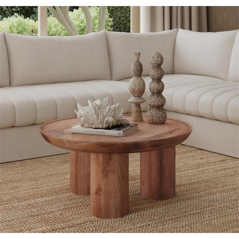 Maklaine Contemporary Natural Mango Wood Round Cocktail Table