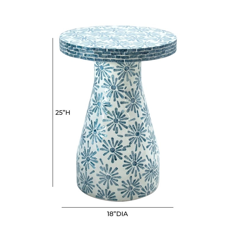 Maklaine Modern / Contemporary Floral Shell Side Table in Blue