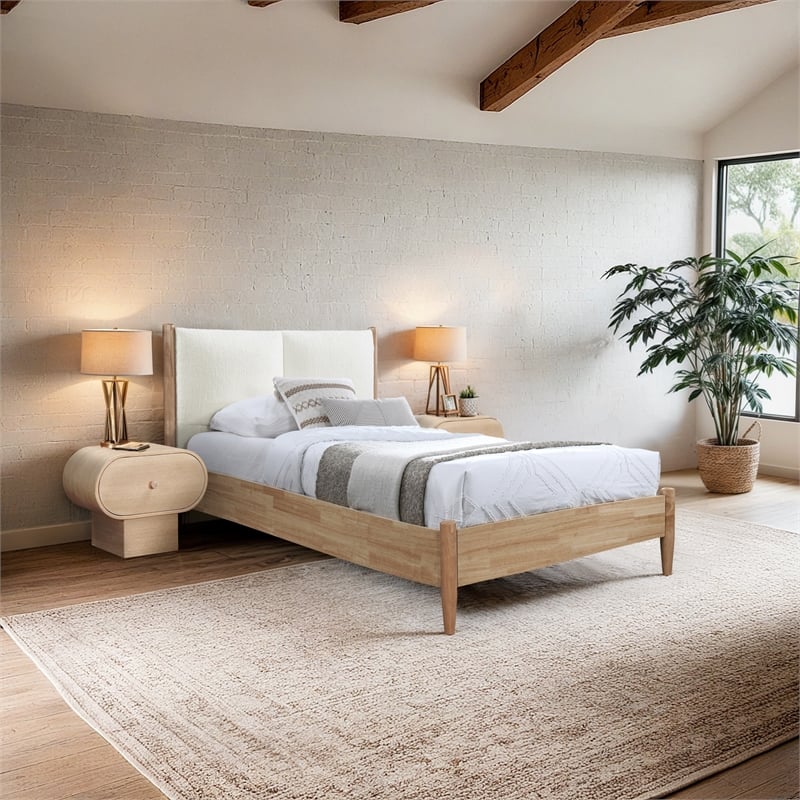 Maklaine Mid-Century Soft Cream Finish Polyester Fabric Twin Bed
