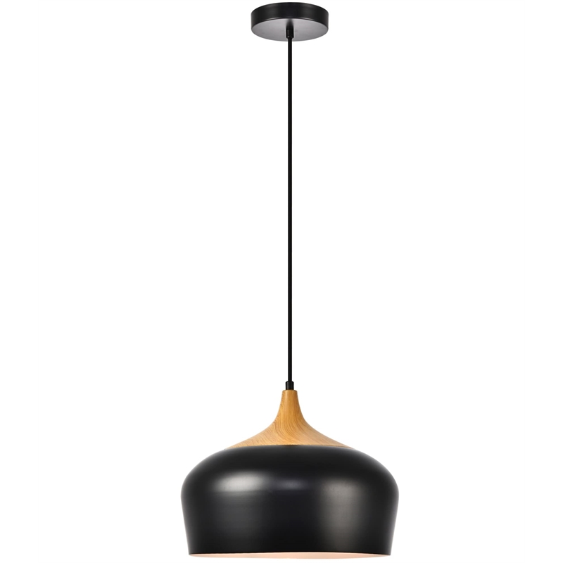 Maklaine Transitional 1 Light Aluminum Pendant in Black & Natural Wood