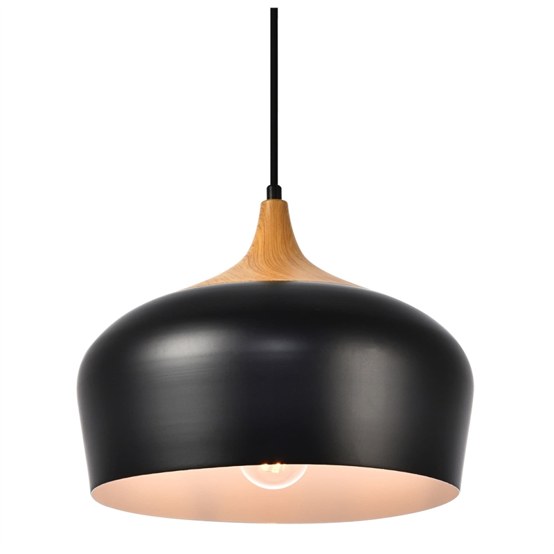 Maklaine Transitional 1 Light Aluminum Pendant in Black & Natural Wood