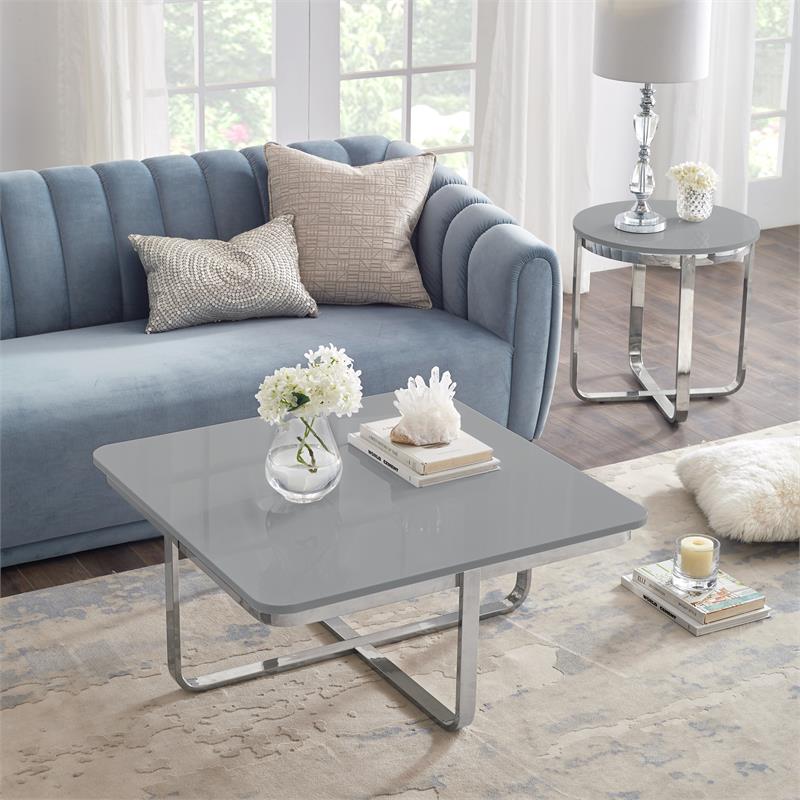 Maklaine Modern Stainless Steel Base Coffee Table in Light Gray/Chrome