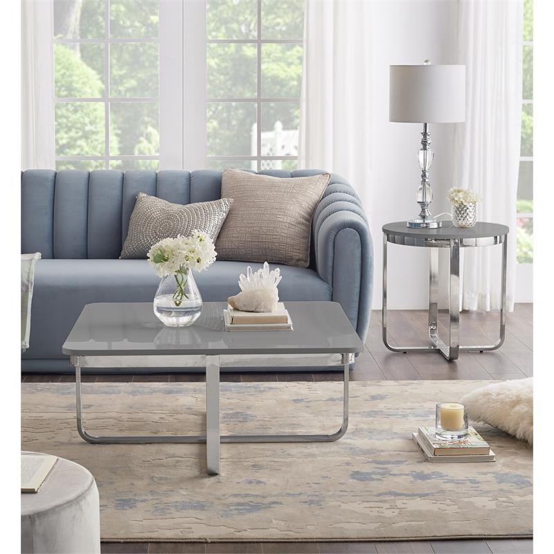 Maklaine Modern Stainless Steel Base Coffee Table in Light Gray/Chrome