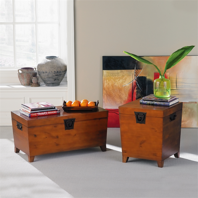 Maklaine Transitional Wood and Metal Cocktail Table Trunk in Brown