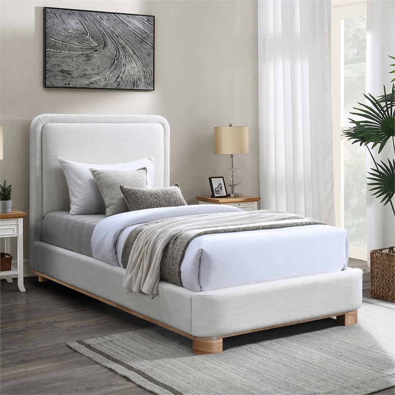 Maklaine Modern / Contemporary Cream Linen Textured Fabric Twin Bed