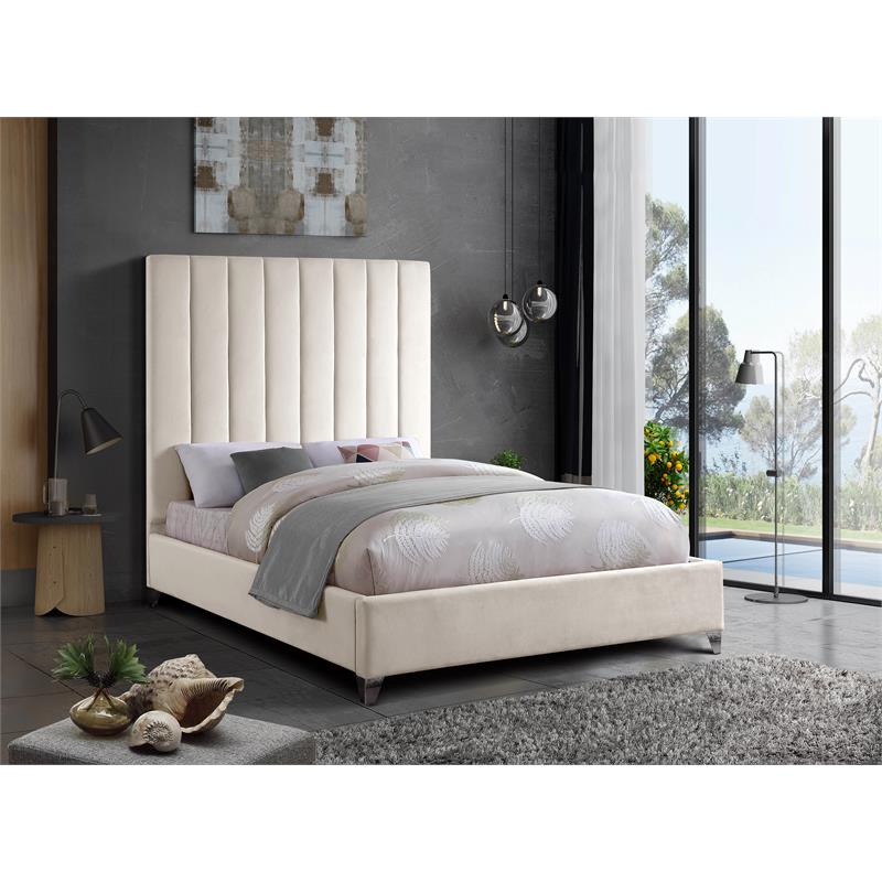 Maklaine Modern / Contemporary Rich Fabric Velvet Queen Bed in Cream