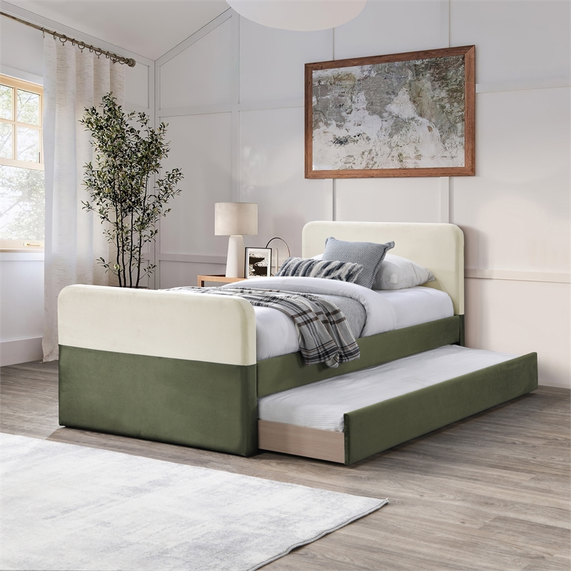 Maklaine Modern / Contemporary Olive Velvet Twin Trundle/Storage Bed