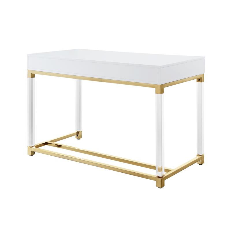 Maklaine 2-Drawer Metal Writing Desk with Acrylic Legs in White/Gold