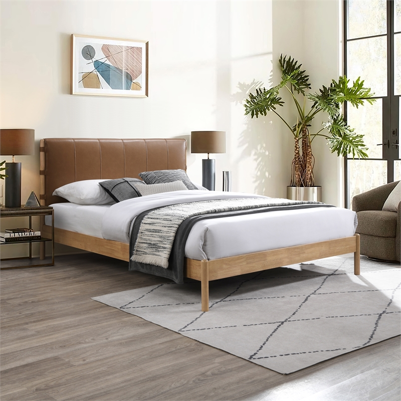 Maklaine Mid-Century Soft Cognac Vegan Faux Leather King Bed in Orange