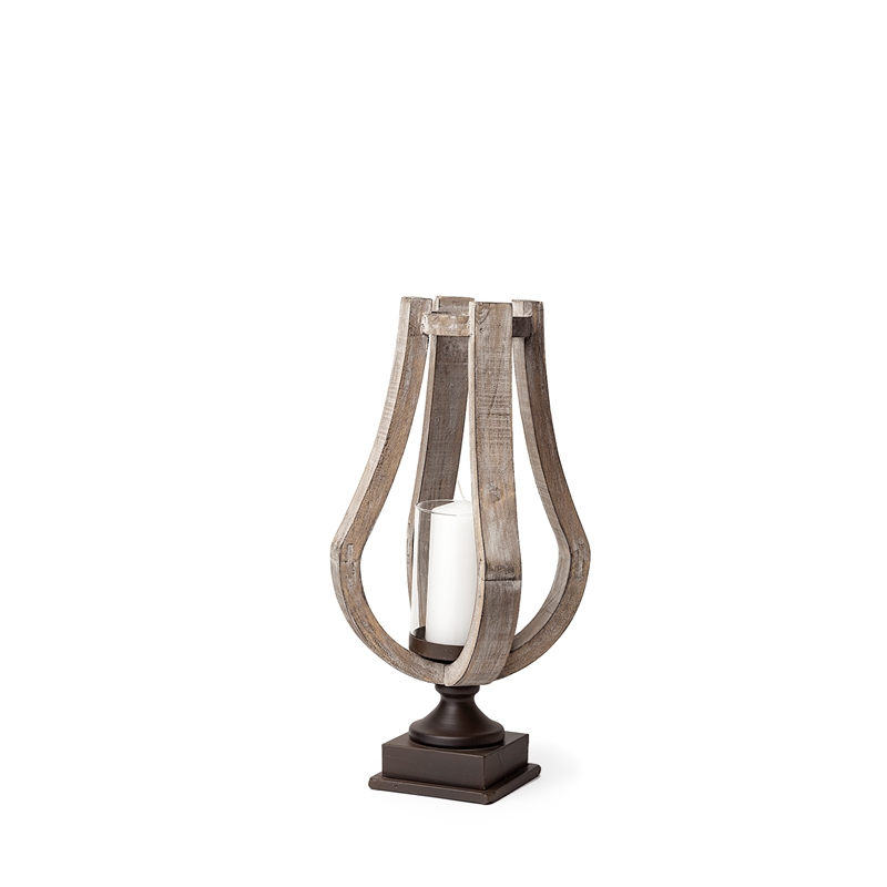 Maklaine Contemporary Small Rustic Wood/Metal Brown Table Candle Holder
