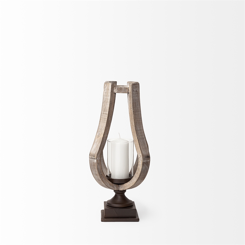 Maklaine Contemporary Small Rustic Wood/Metal Brown Table Candle Holder