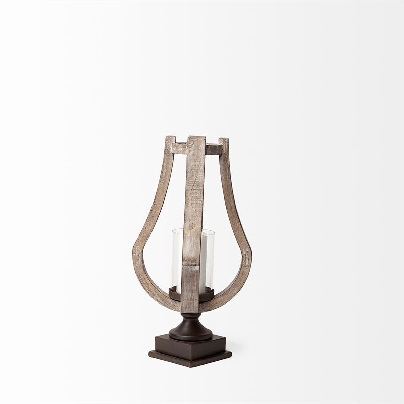 Maklaine Contemporary Small Rustic Wood/Metal Brown Table Candle Holder