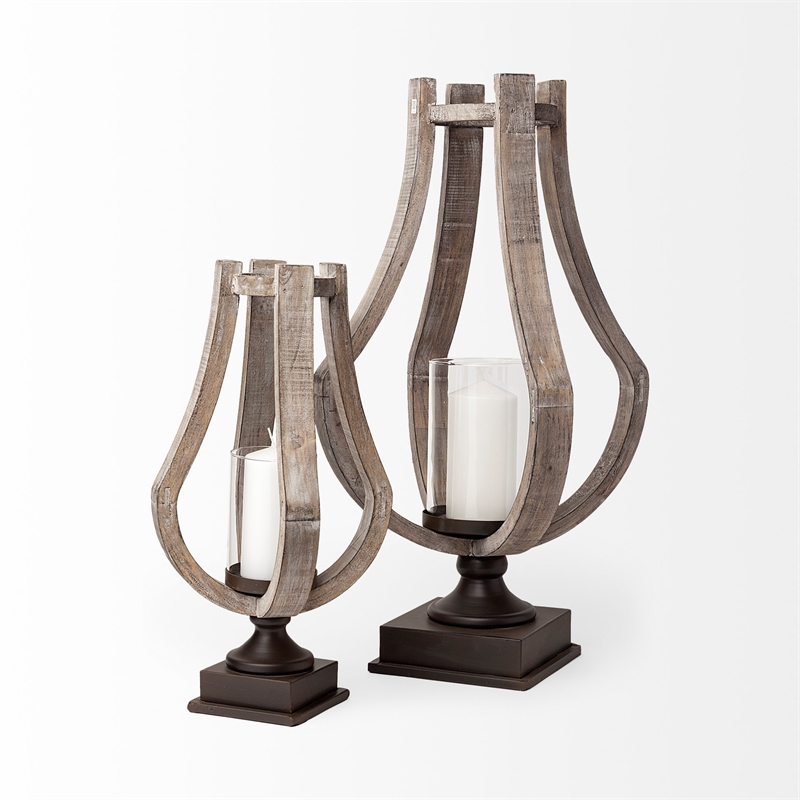 Maklaine Contemporary Small Rustic Wood/Metal Brown Table Candle Holder