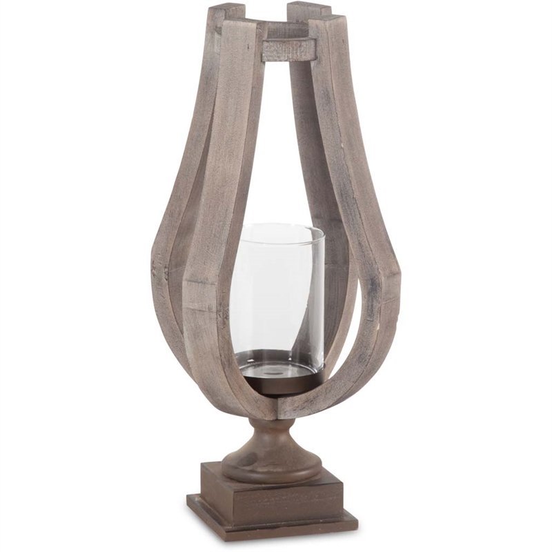Maklaine Contemporary Small Rustic Wood/Metal Brown Table Candle Holder