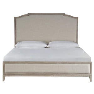Maklaine Transitional Oak Wood Framed Linen Upholstered Queen Panel Bed