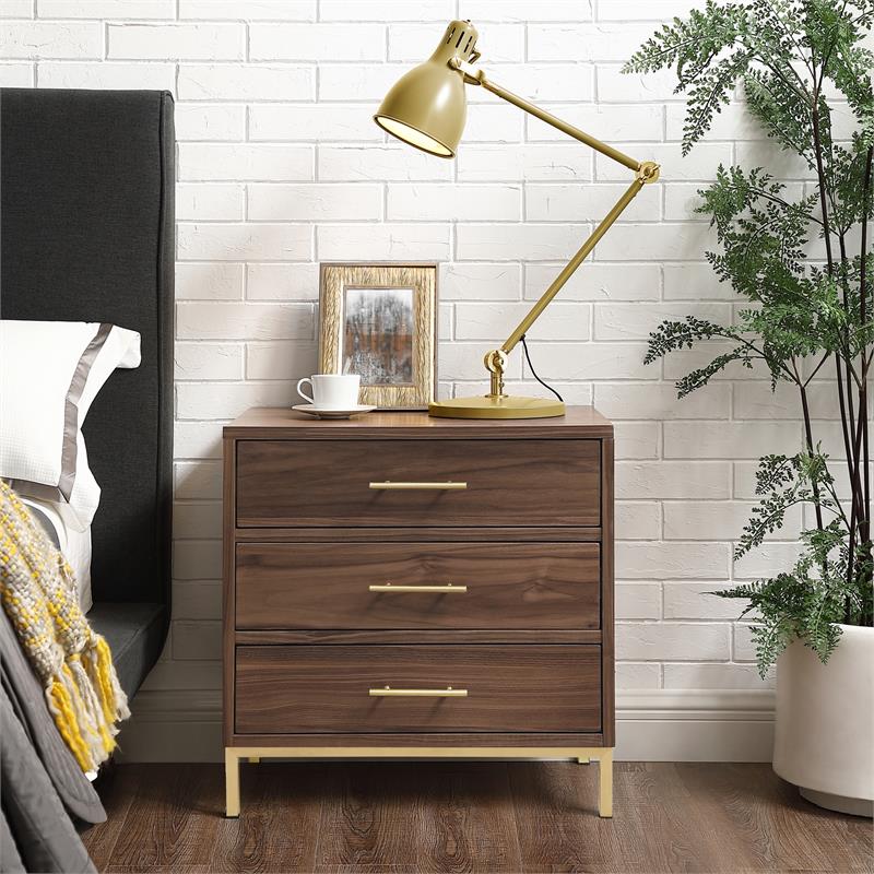 Maklaine Contemporary 3-Drawer Nightstand with Metal Base in Walnut/Gold