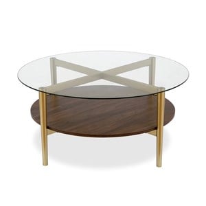 Maklaine Mid-Century Brass Metal Round Coffee Table with Walnut Wood Shelf