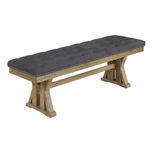 Maklaine Gray Linen Fabric Dining Bench with Tufted Seat and Rustic Oak Wood