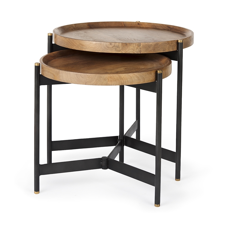 Maklaine 22.5L x 22.5W x 20.8H Brown Wood & Black Metal Base Nesting Side Tables