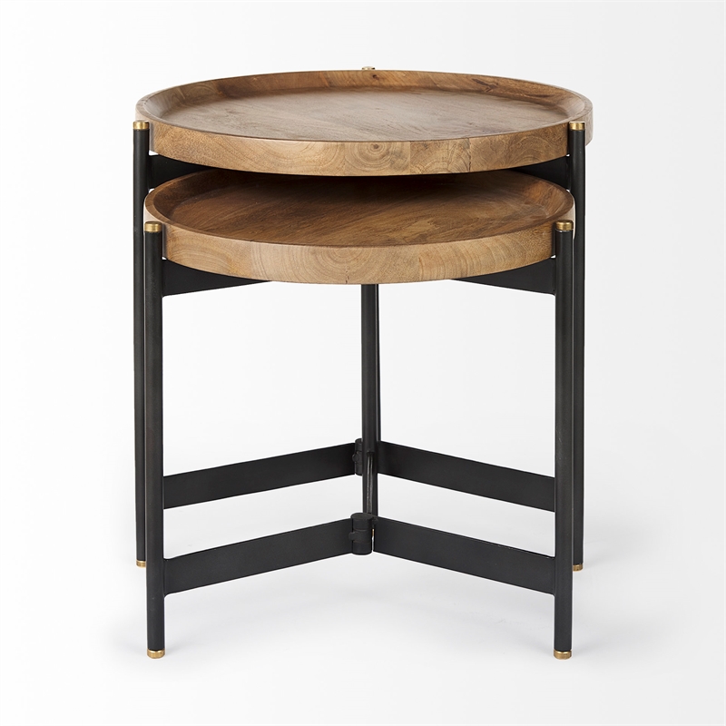 Maklaine 22.5L x 22.5W x 20.8H Brown Wood & Black Metal Base Nesting Side Tables