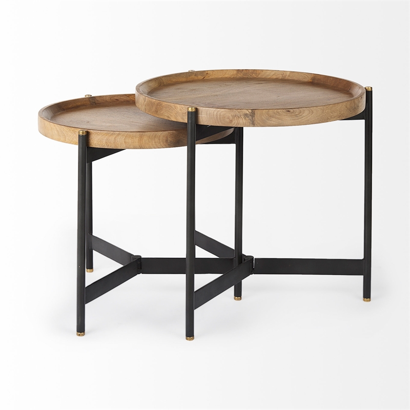 Maklaine 22.5L x 22.5W x 20.8H Brown Wood & Black Metal Base Nesting Side Tables