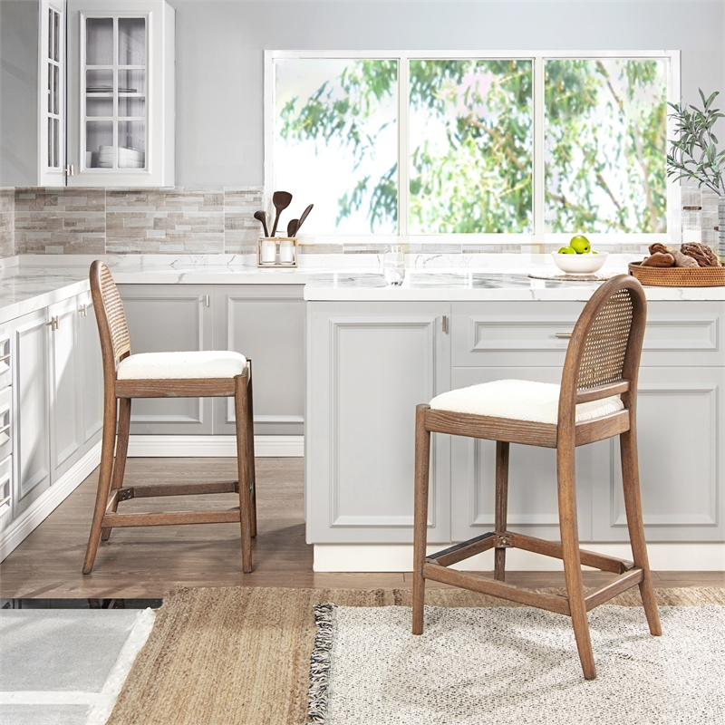 Maklaine Oak Ivory White Counter Stool Rectangular Cane Back 18