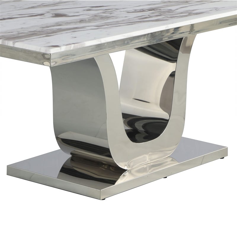 Maklaine Silver Stainless Steel 9Pc Dining Set with Marble Table and Navy Chairs