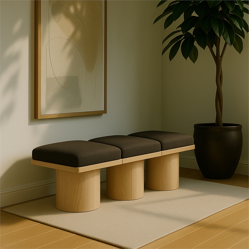Maklaine Contemporary Brown Boucle Fabric Bench in Natural Finish