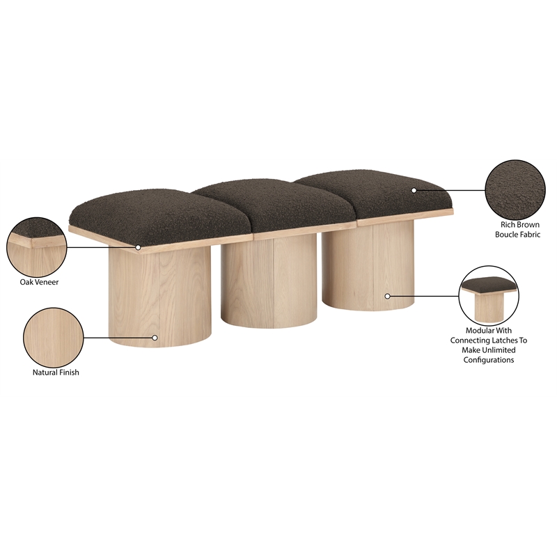 Maklaine Contemporary Brown Boucle Fabric Bench in Natural Finish
