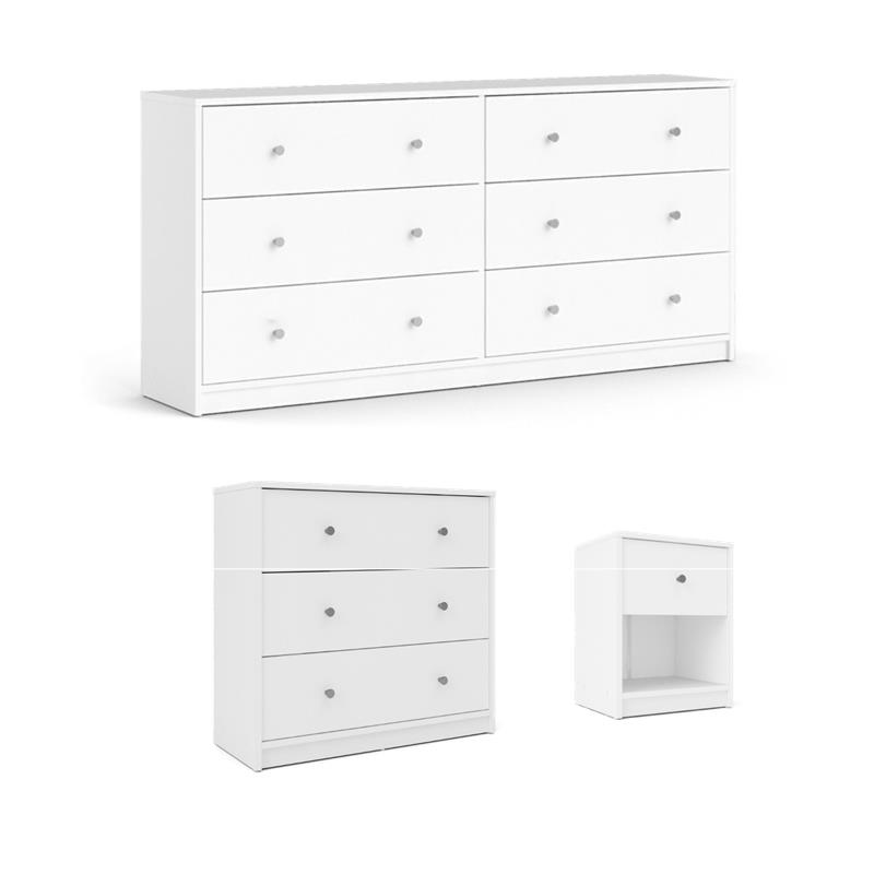 Maklaine Set of 3 Chest and Nightstand and Double Dresser in White