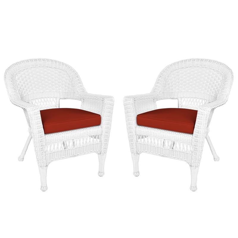 Maklaine Wicker Country/Cottage Chair in White with Red Cushion (Set of 2)