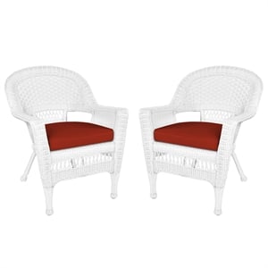 Maklaine Wicker Country/Cottage Chair in White with Red Cushion (Set of 2)