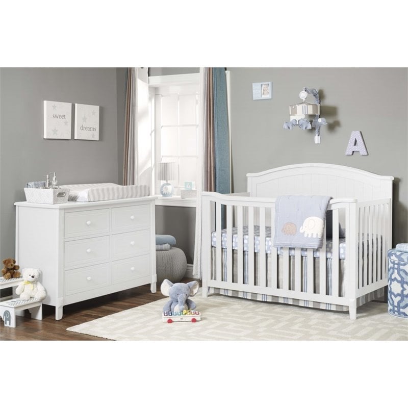 Maklaine Contemporary Wood Adjustable Height 4-in-1 Crib in White