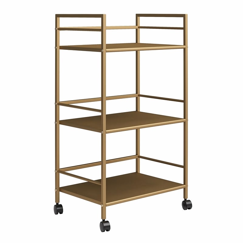 Maklaine Contemporary 3 Shelf Metal Rolling Utility Cart in Gold
