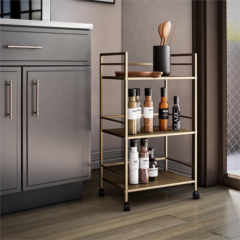 Maklaine Contemporary 3 Shelf Metal Rolling Utility Cart in Gold