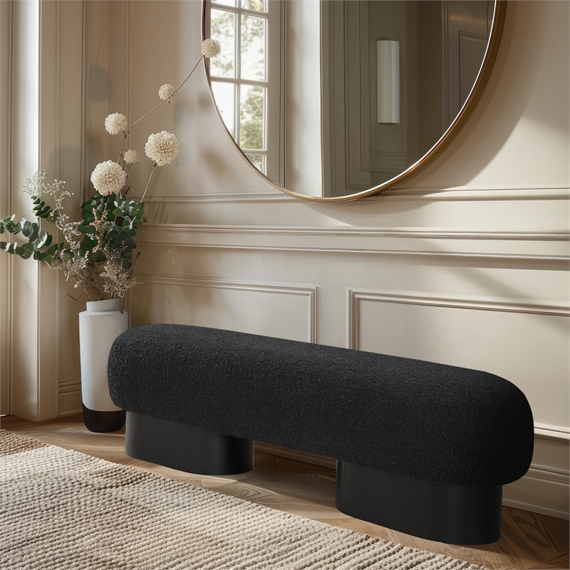 Maklaine Contemporary Luxurious Black Finish Boucle Fabric Bench