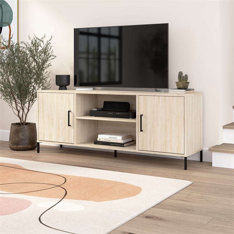 Maklaine 58W TV Stand with Doors and Shelves in Natural Elm - Engineered Wood