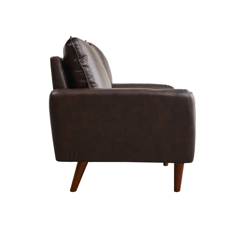 Maklaine Faux Leather Sofa Modern Couch with Wooden Legs in Brown